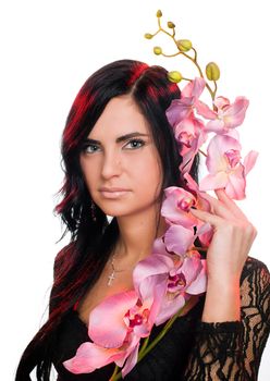 Beautiful woman with orchid flower, isolated on the white