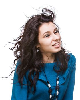 Portrait of a beautiful young woman with hair flying