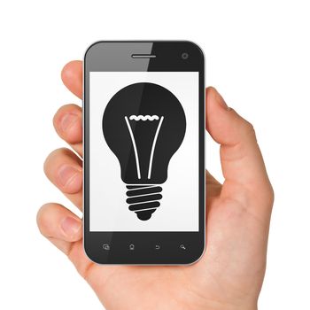 Business concept: hand holding smartphone with Light Bulb on display. Generic mobile smart phone in hand on White background.