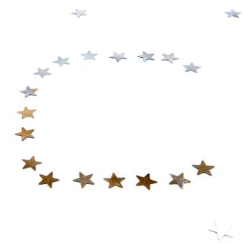 a gold and silver letter C made of stars on a white background