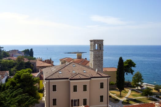 Panoramic view of down town Porec from the basilica tower, Istra, Croatia