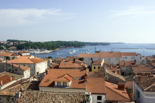 Panoramic view of down town Porec from the basilica tower, Istra, Croatia