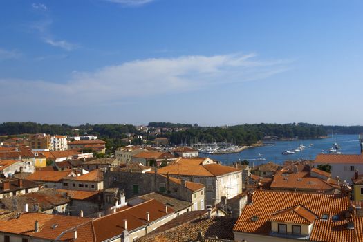 Panoramic view of down town Porec from the basilica tower, Istra, Croatia