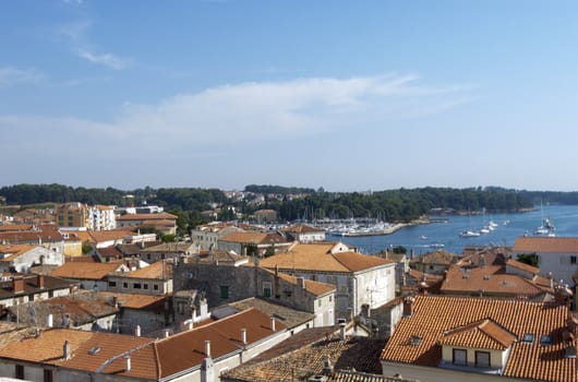 Panoramic view of down town Porec from the basilica tower, Istra, Croatia