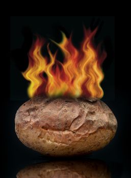 Potato in flames as a metaphor for contentious issues, or themes relating to the food industry. 