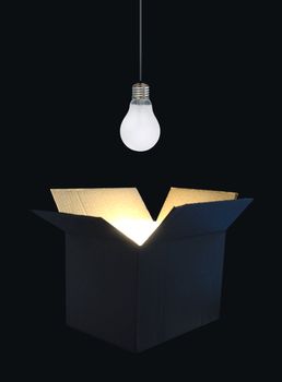 Light bulb hovering over a box 