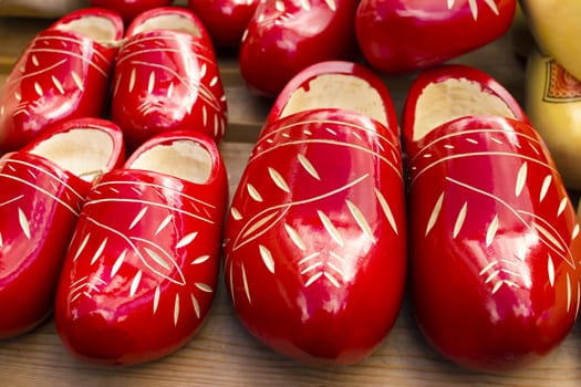 Dutch traditional wooden shoes with ornament, clogs, symbol of the Netherlands.