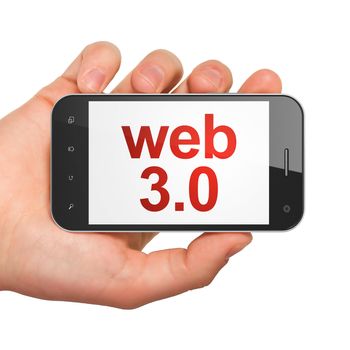 Web design SEO concept: hand holding smartphone with word Web 3.0 on display. Generic mobile smart phone in hand on White background.