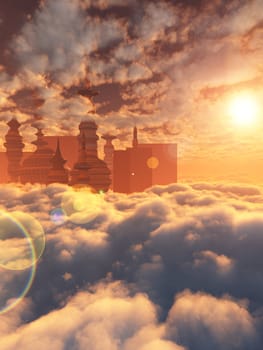 aerial view of Sci Fi City with clouds and sun