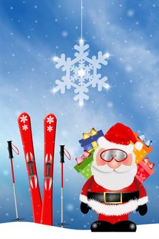 Santa Claus with ski for Christmas