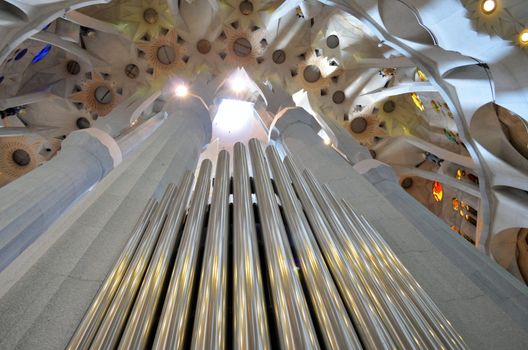 Modern organ in the Sagrada Familia Cathedral,Barcelona,Spain.