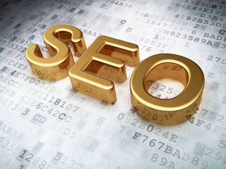 SEO web development concept: Golden SEO on digital background, 3d render