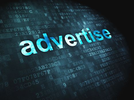 Advertising concept: pixelated words Advertise on digital background, 3d render