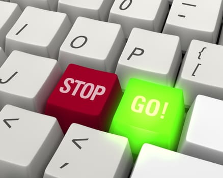 Close up photo-real illustration of a computer keyboard with a red "STOP" key and a glowing green "GO" key. 