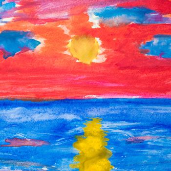 Hand Painted Bright Red Sunset At Sea On Watercolor Paper