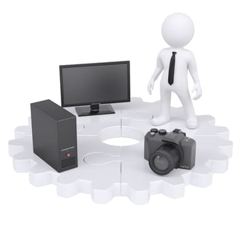 3d white man and electronic devices. Isolated render on a white background