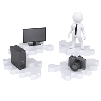 3d white man and electronic devices. Isolated render on a white background