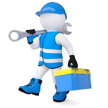 3d man in overalls with a wrench and tool box. Isolated render on a white background