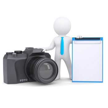 3d white man and a camera. Isolated render on a white background