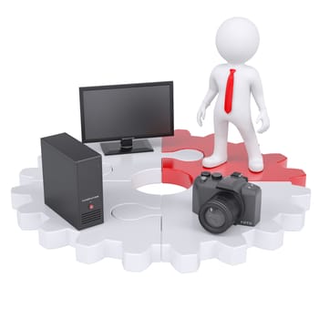 3d white man and electronic devices. Isolated render on a white background