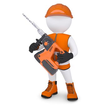 3d white man holding electric perforator. Isolated render on a white background