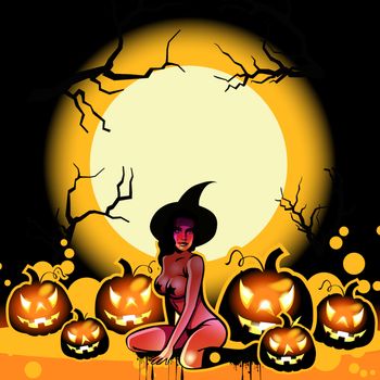 halloween illustration with witch and pumpkins on the moon