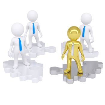 Four 3d people standing on the gear consisting of puzzles. Isolated render on a white background