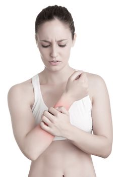 Female with pain in her forearm, isolated in a white background