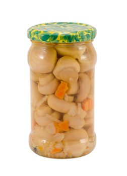 marinated ecologic organic champignon mushrooms in glass jar isolated on white. healthy natural food. resource for winter time.