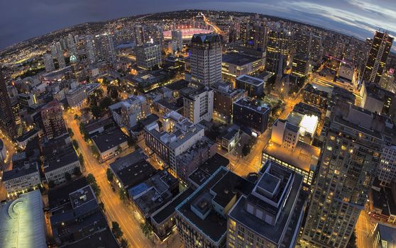 Vancouver BC Canada Downtown at Blue Hour Fisheye View