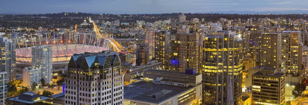 Vancouver BC Canada Downtown with Cambie Bridge over False Creek at Evening Blue Hour Panorama