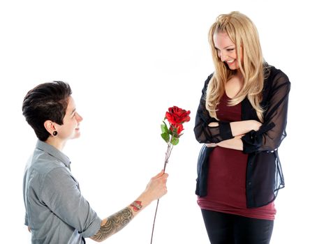 Cute Lesbian couple 30 years old shot in studio isolated on a white background