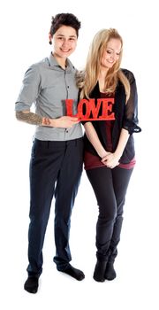 Cute Lesbian couple 30 years old shot in studio isolated on a white background