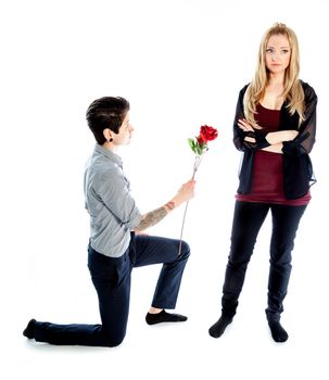 Cute Lesbian couple 30 years old shot in studio isolated on a white background