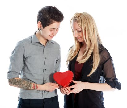 Cute Lesbian couple 30 years old shot in studio isolated on a white background