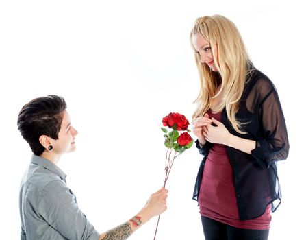 Cute Lesbian couple 30 years old shot in studio isolated on a white background