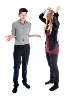 Cute Lesbian couple 30 years old shot in studio isolated on a white background