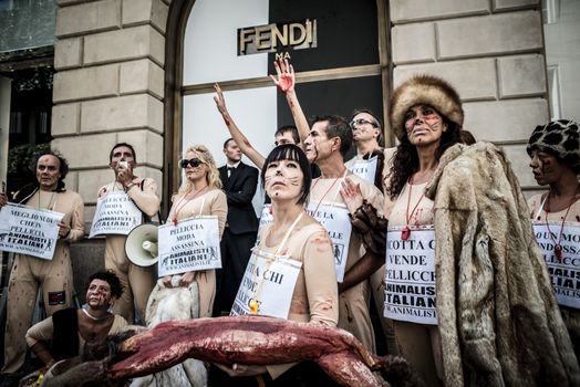 MILAN, ITALY - SEPTEMBER 17: Animalisti Italiani protest on September 17, 2013. Animal right association 'Animalisti Italiani' protest against furs and fashion, in famous fashion Milan street Monte Napoleone