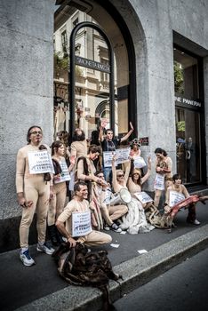 MILAN, ITALY - SEPTEMBER 17: Animalisti Italiani protest on September 17, 2013. Animal right association 'Animalisti Italiani' protest against furs and fashion, in famous fashion Milan street Monte Napoleone