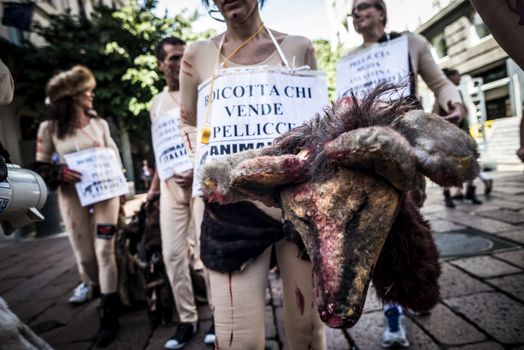 MILAN, ITALY - SEPTEMBER 17: Animalisti Italiani protest on September 17, 2013. Animal right association 'Animalisti Italiani' protest against furs and fashion, in famous fashion Milan street Monte Napoleone