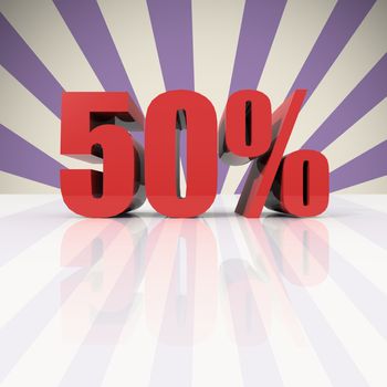 3D rendering of a 50 percent in red letters on a violet background 