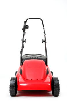 new red lawnmower isolated on white, studio shoot