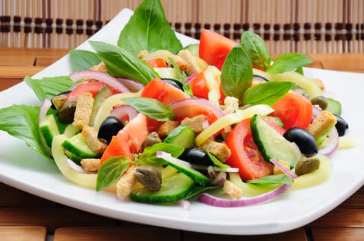 Fresh vegetable salad with basil, capers, olives, marinated with croutons