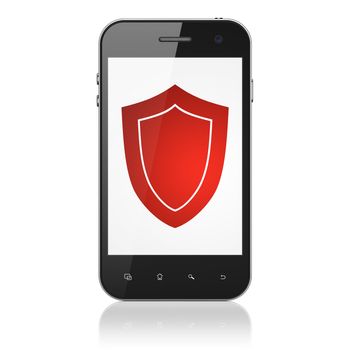 Protection concept: smartphone with Shield icon on display. Mobile smart phone on White background, cell phone 3d render