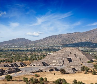 Famous Mexico landmark tourist attraction - Pyramid of the Moon, view from the Pyramid of the Sun. Teotihuacan, Mexico