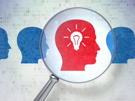 Business concept: magnifying optical glass with Head Whis Lightbulb icons on digital background, 3d render