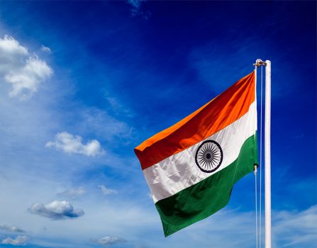 India indian flag in blue sky - copyspace