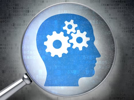 Finance concept: magnifying optical glass with Head With Gears icon on digital background, 3d render
