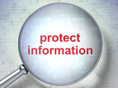 Safety concept: magnifying optical glass with words Protect Information on digital background, 3d render