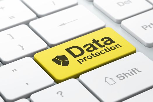 Protection concept: computer keyboard with Broken Shield icon and word Data Protection, selected focus on enter button, 3d render